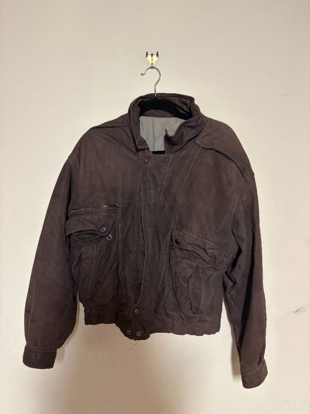 Peter England Aviation Brown Leather Bomber Jacket Vintage Distressed